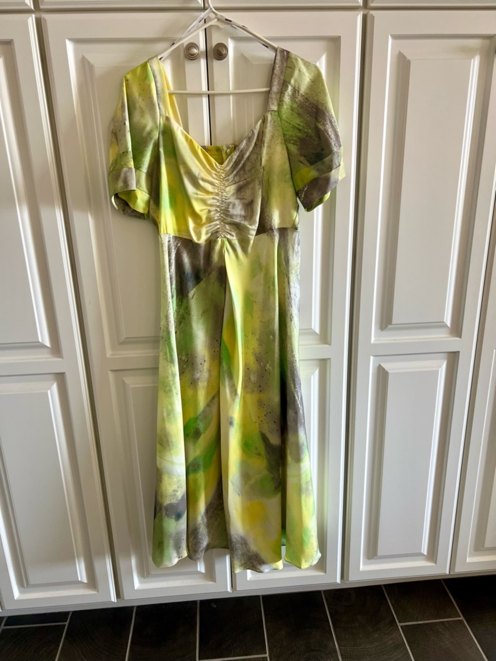 Dkny Yellow and Green Abstract Satin Midi Dress